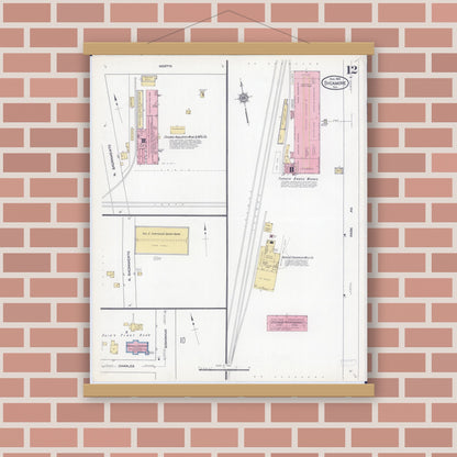 Old map wall art mockup — magnetic wood frame on brick wall — Sanborn Fire Insurance Map from Sycamore, De Kalb County, Illinois (1912), Sheet #0012