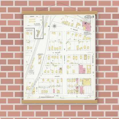 Old map wall art mockup — magnetic wood frame on brick wall — Sanborn Fire Insurance Map from Champaign, Champaign County, Illinois (1909), Sheet #0004