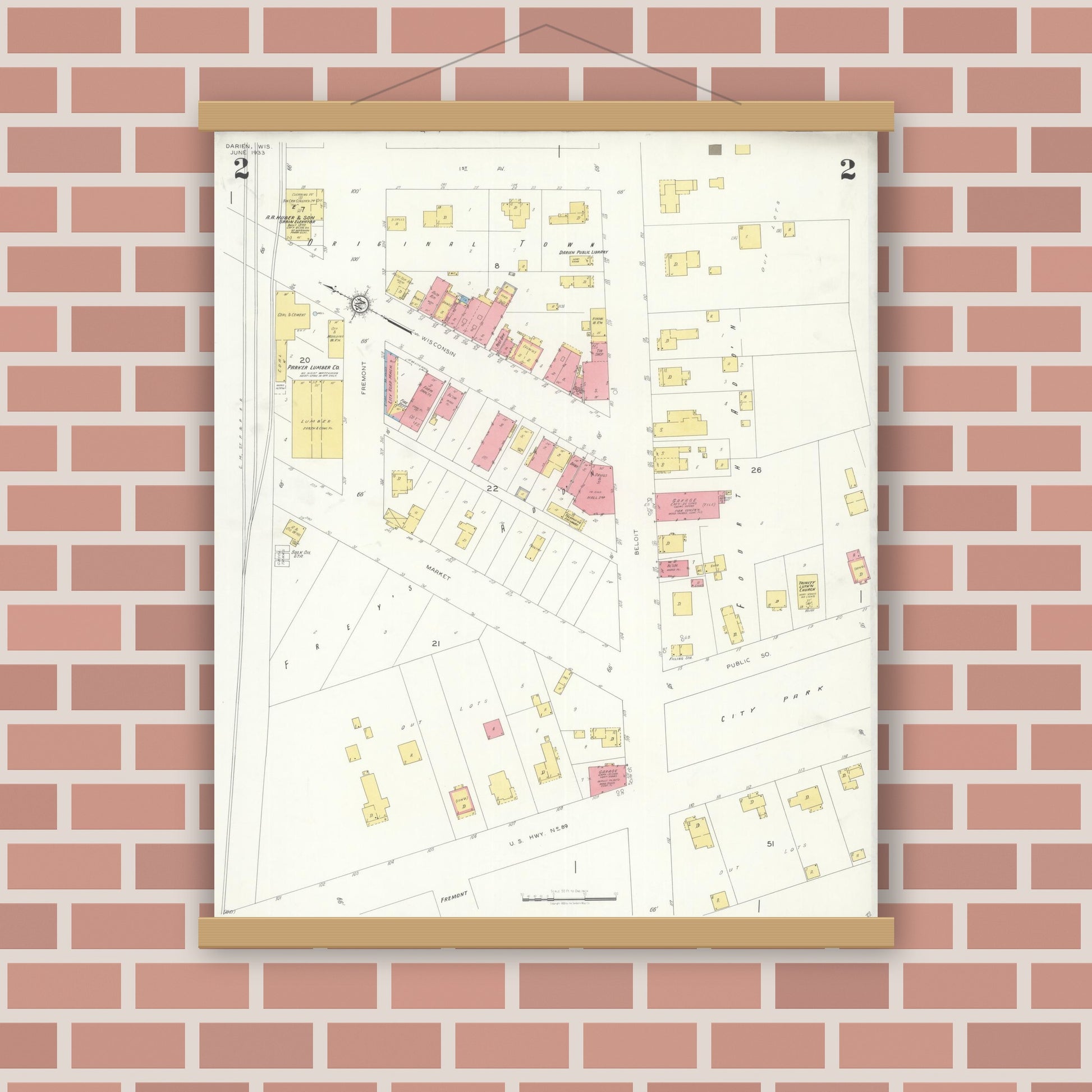 Old map wall art mockup — magnetic wood frame on brick wall — Sanborn Fire Insurance Map from Darien, Walworth County, Wisconsin (1933), Sheet #0002