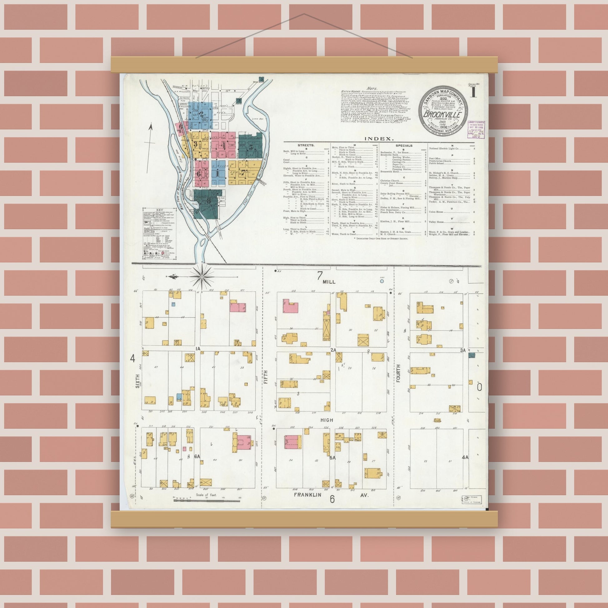 Old map wall art mockup — magnetic wood frame on brick wall — Sanborn Fire Insurance Map from Brookville, Franklin County, Indiana (1906) - Complete Map Set