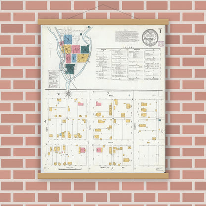 Old map wall art mockup — magnetic wood frame on brick wall — Sanborn Fire Insurance Map from Brookville, Franklin County, Indiana (1906) - Complete Map Set
