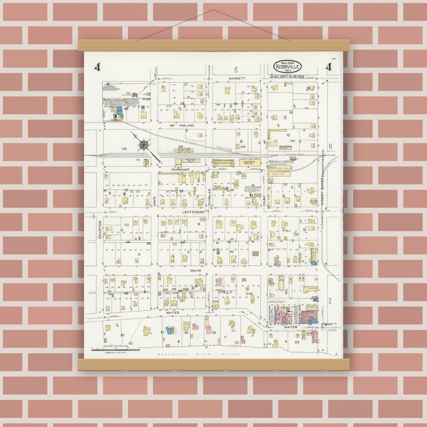 Old map wall art mockup — magnetic wood frame on brick wall — Sanborn Fire Insurance Map from Kerrville, Kerr County, Texas (1924), Sheet #0004