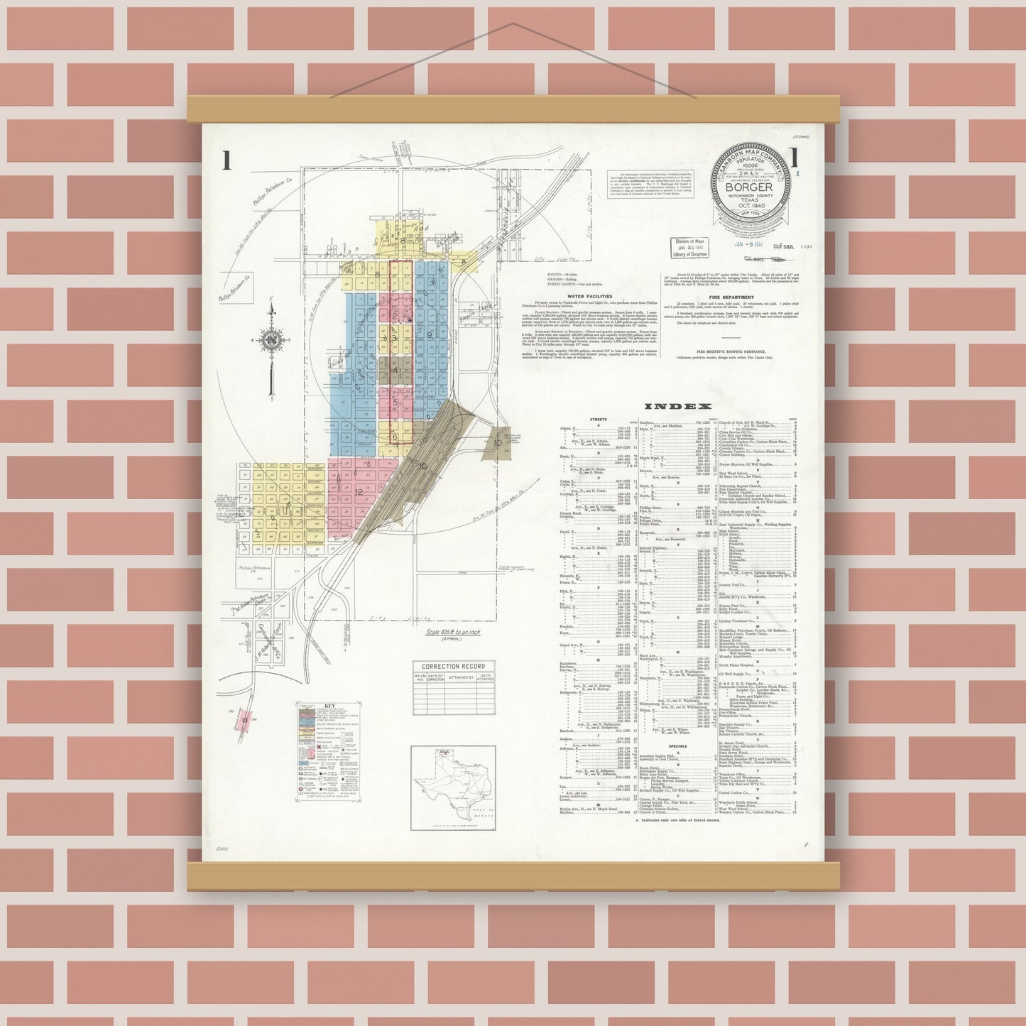 Old map wall art mockup — magnetic wood frame on brick wall — Sanborn Fire Insurance Map from Borger, Hutchinson County, Texas (1940), Sheet #0001