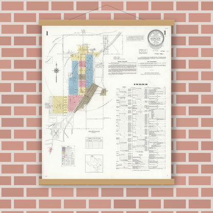 Old map wall art mockup — magnetic wood frame on brick wall — Sanborn Fire Insurance Map from Borger, Hutchinson County, Texas (1940), Sheet #0001