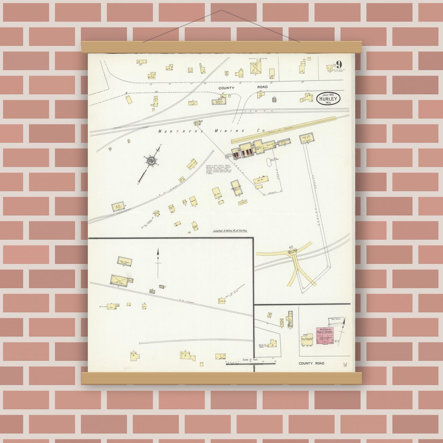 Old map wall art mockup — magnetic wood frame on brick wall — Sanborn Fire Insurance Map from Hurley, Iron County, Wisconsin (1913), Sheet #0009
