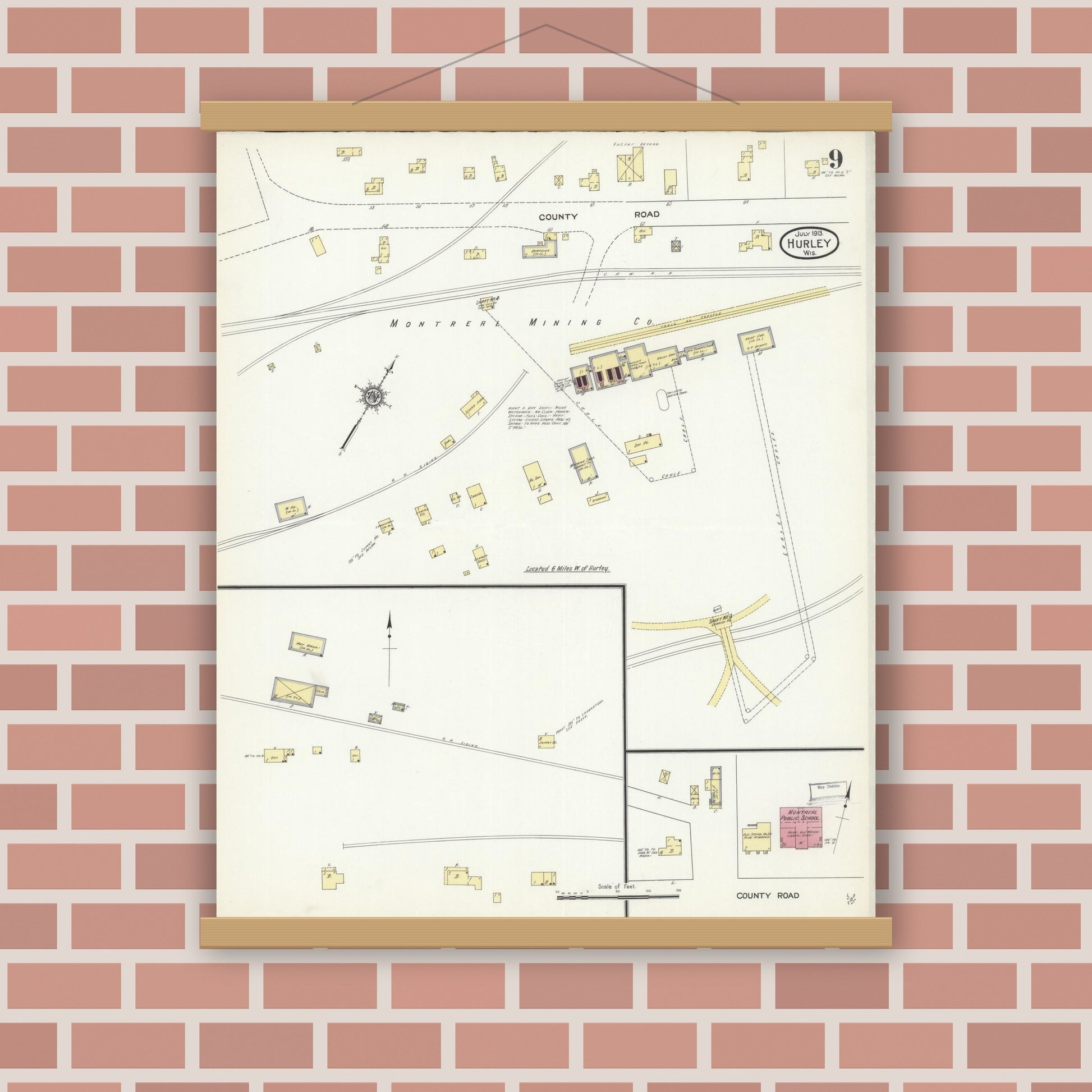 Old map wall art mockup — magnetic wood frame on brick wall — Sanborn Fire Insurance Map from Hurley, Iron County, Wisconsin (1913), Sheet #0009