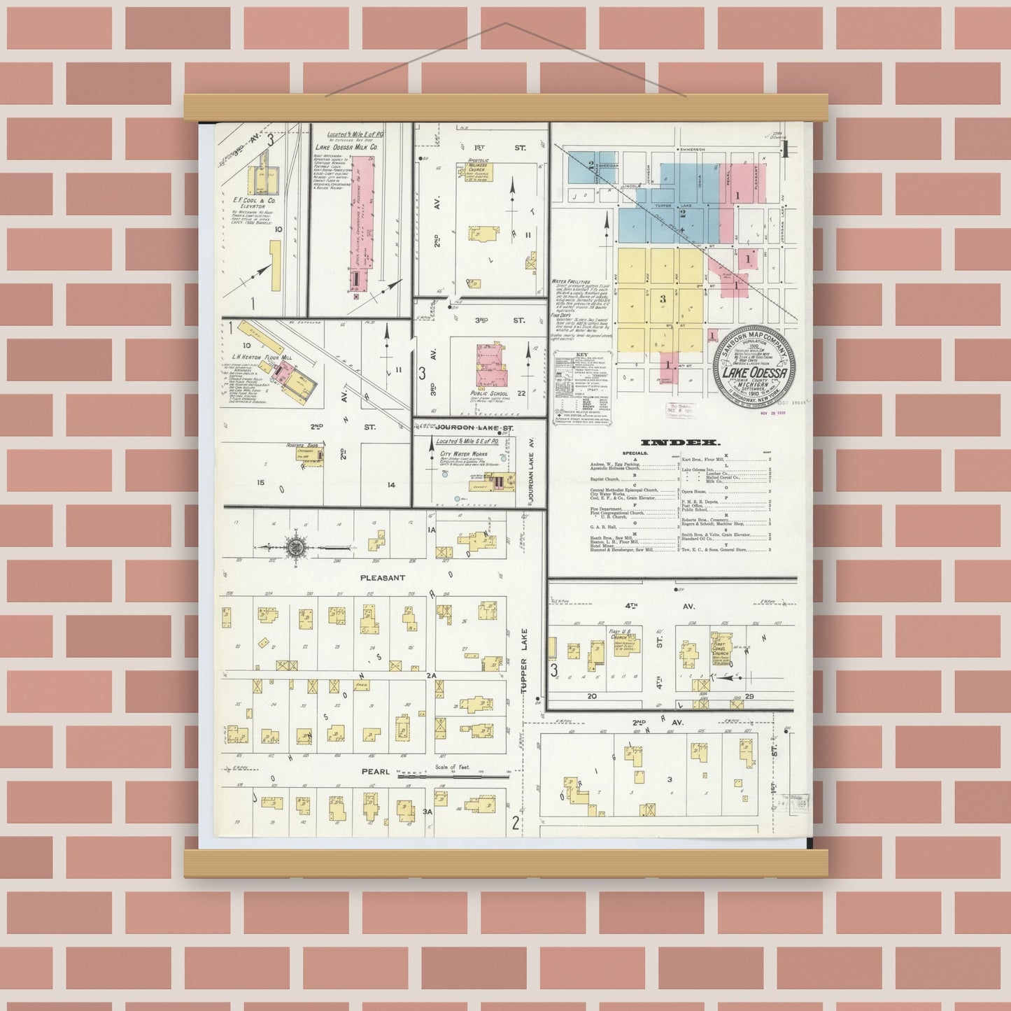 Old map wall art mockup — magnetic wood frame on brick wall — Sanborn Fire Insurance Map from Lake Odessa, Ionia County, Michigan (1910) - Complete Map Set
