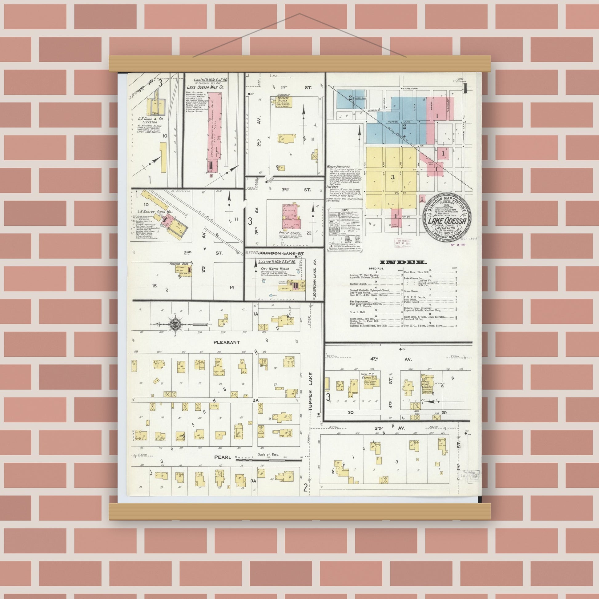 Old map wall art mockup — magnetic wood frame on brick wall — Sanborn Fire Insurance Map from Lake Odessa, Ionia County, Michigan (1910) - Complete Map Set