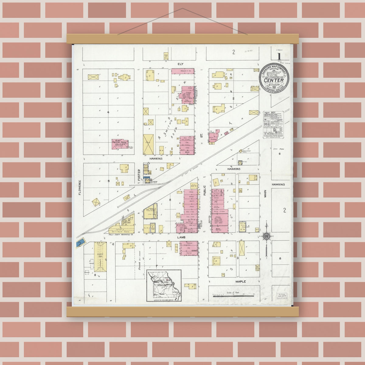 Old map wall art mockup — magnetic wood frame on brick wall — Sanborn Fire Insurance Map from Center, Ralls County, Missouri (1921) - Complete Map Set