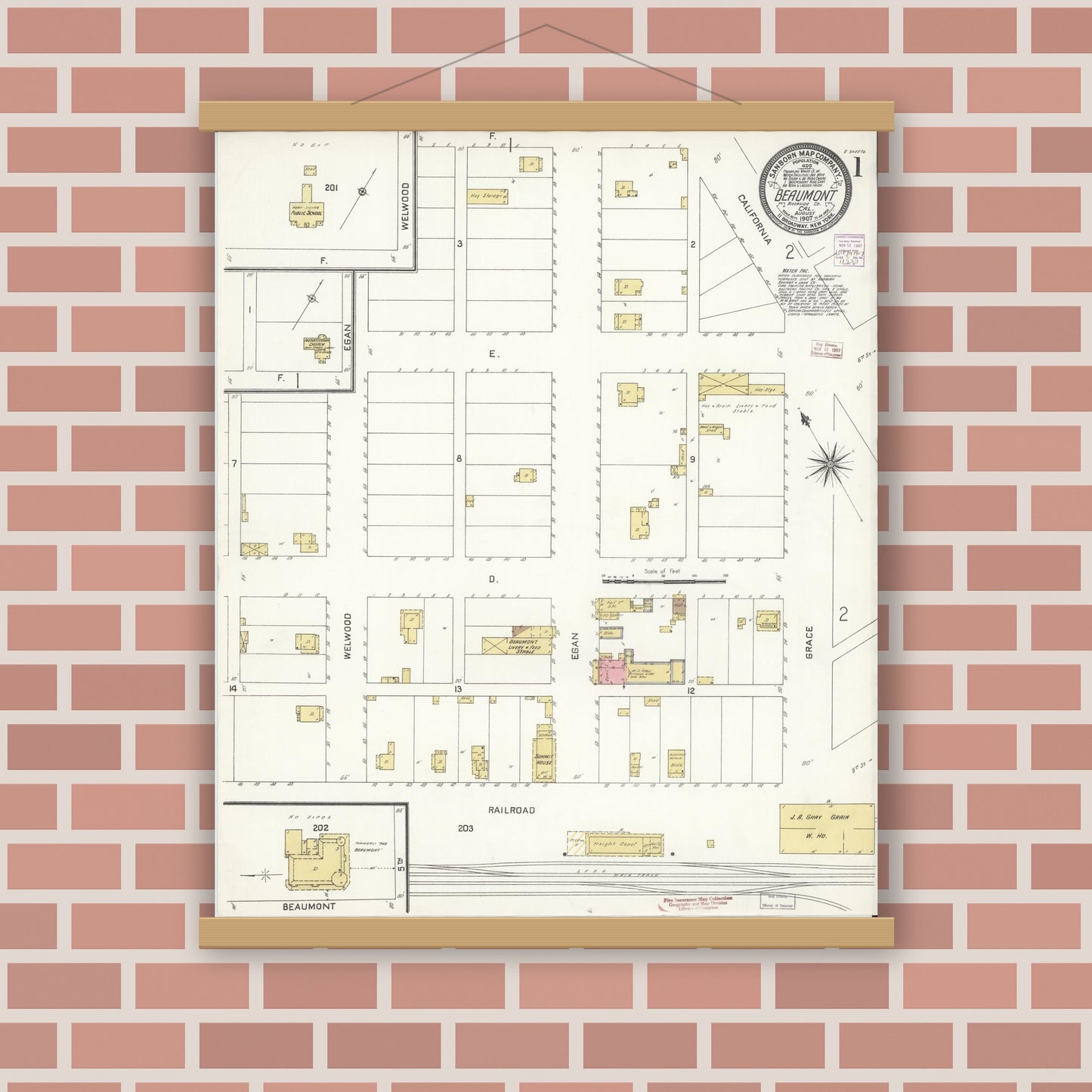 Old map wall art mockup — magnetic wood frame on brick wall — Sanborn Fire Insurance Map from Beaumont, Riverside County, California (1907), Sheet #0001