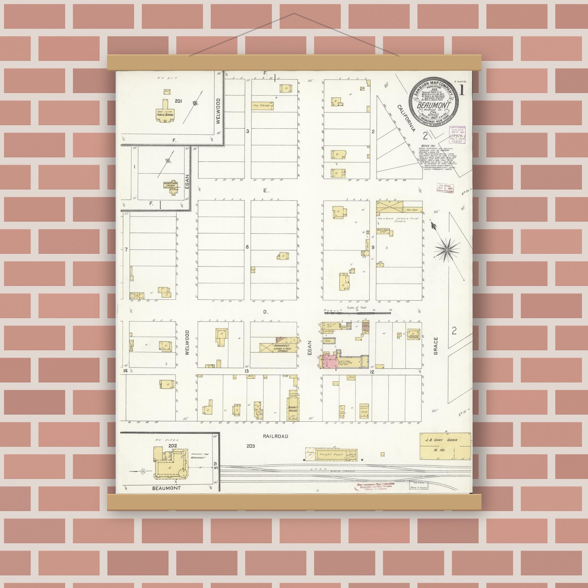 Old map wall art mockup — magnetic wood frame on brick wall — Sanborn Fire Insurance Map from Beaumont, Riverside County, California (1907), Sheet #0001