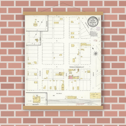 Old map wall art mockup — magnetic wood frame on brick wall — Sanborn Fire Insurance Map from Beaumont, Riverside County, California (1907), Sheet #0001