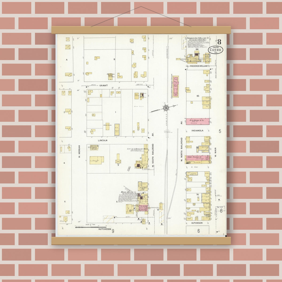Old map wall art mockup — magnetic wood frame on brick wall — Sanborn Fire Insurance Map from Cuero, De Witt County, Texas (1912), Sheet #0008