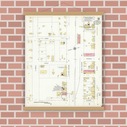 Old map wall art mockup — magnetic wood frame on brick wall — Sanborn Fire Insurance Map from Cuero, De Witt County, Texas (1912), Sheet #0008