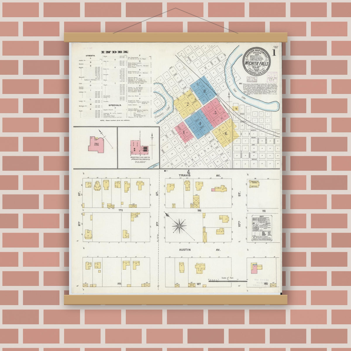 Old map wall art mockup — magnetic wood frame on brick wall — Sanborn Fire Insurance Map from Wichita Falls, Wichita County, Texas (1904), Sheet #0001