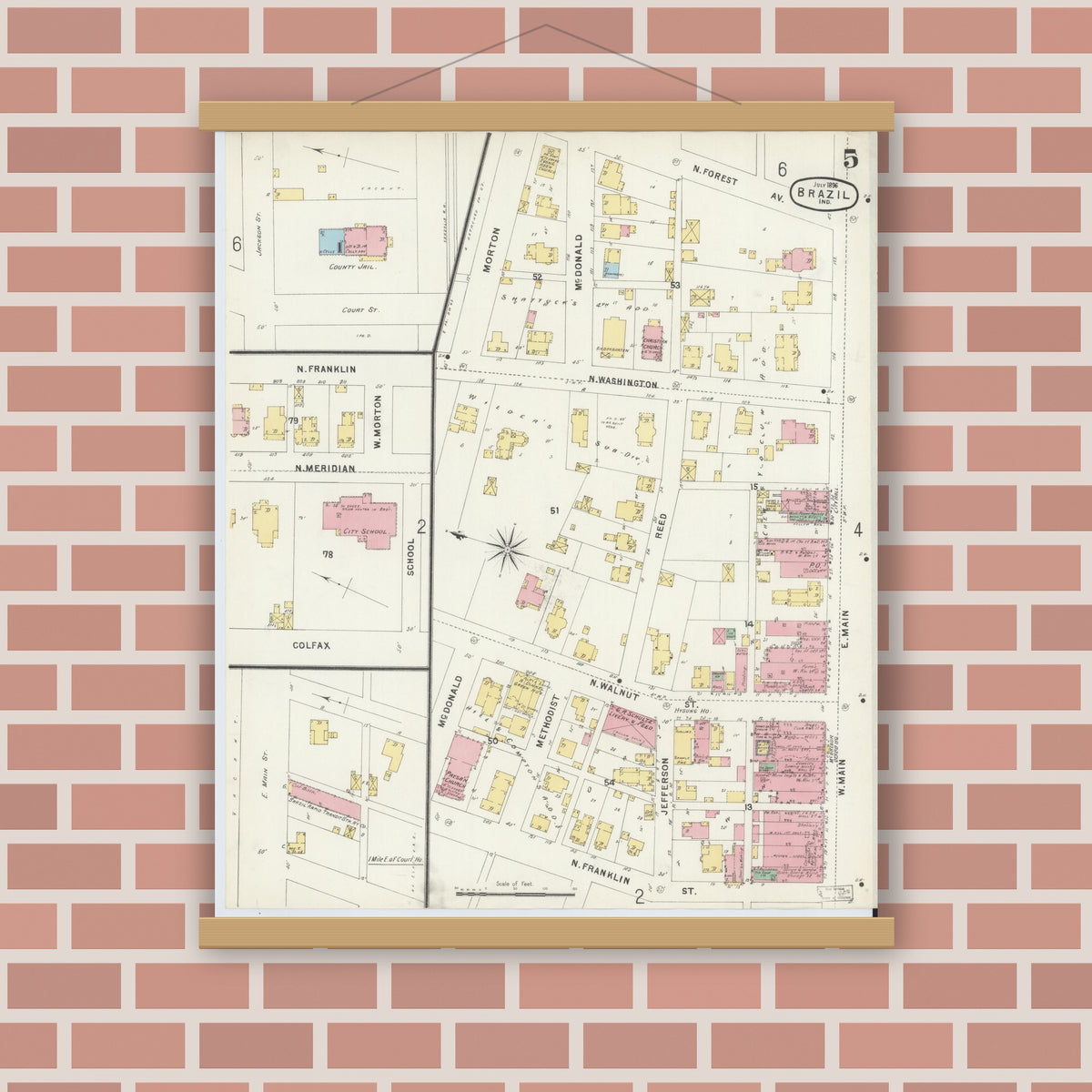 Old map wall art mockup — magnetic wood frame on brick wall — Sanborn Fire Insurance Map from Brazil, Clay County, Indiana (1896), Sheet #0005