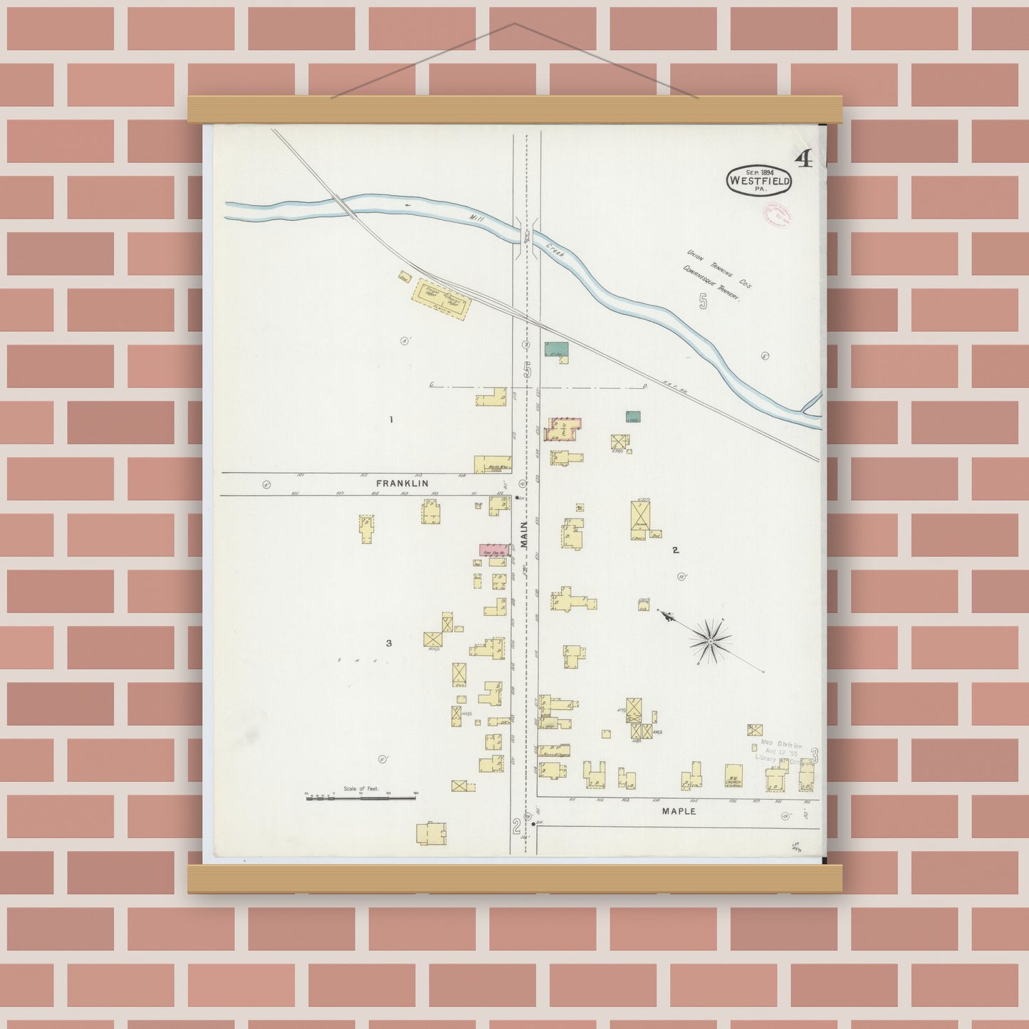 Old map wall art mockup — magnetic wood frame on brick wall — Sanborn Fire Insurance Map from Westfield, Tioga County, Pennsylvania (1894), Sheet #0004