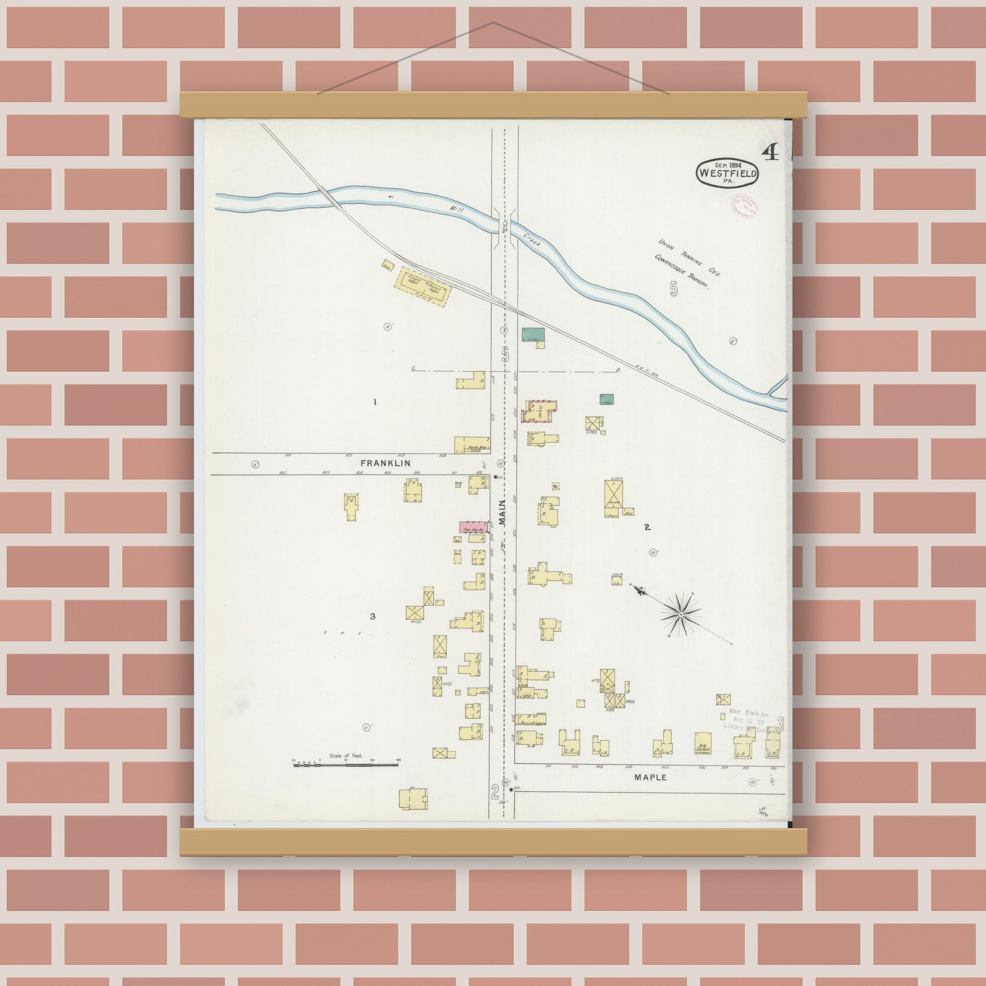Old map wall art mockup — magnetic wood frame on brick wall — Sanborn Fire Insurance Map from Westfield, Tioga County, Pennsylvania (1894), Sheet #0004