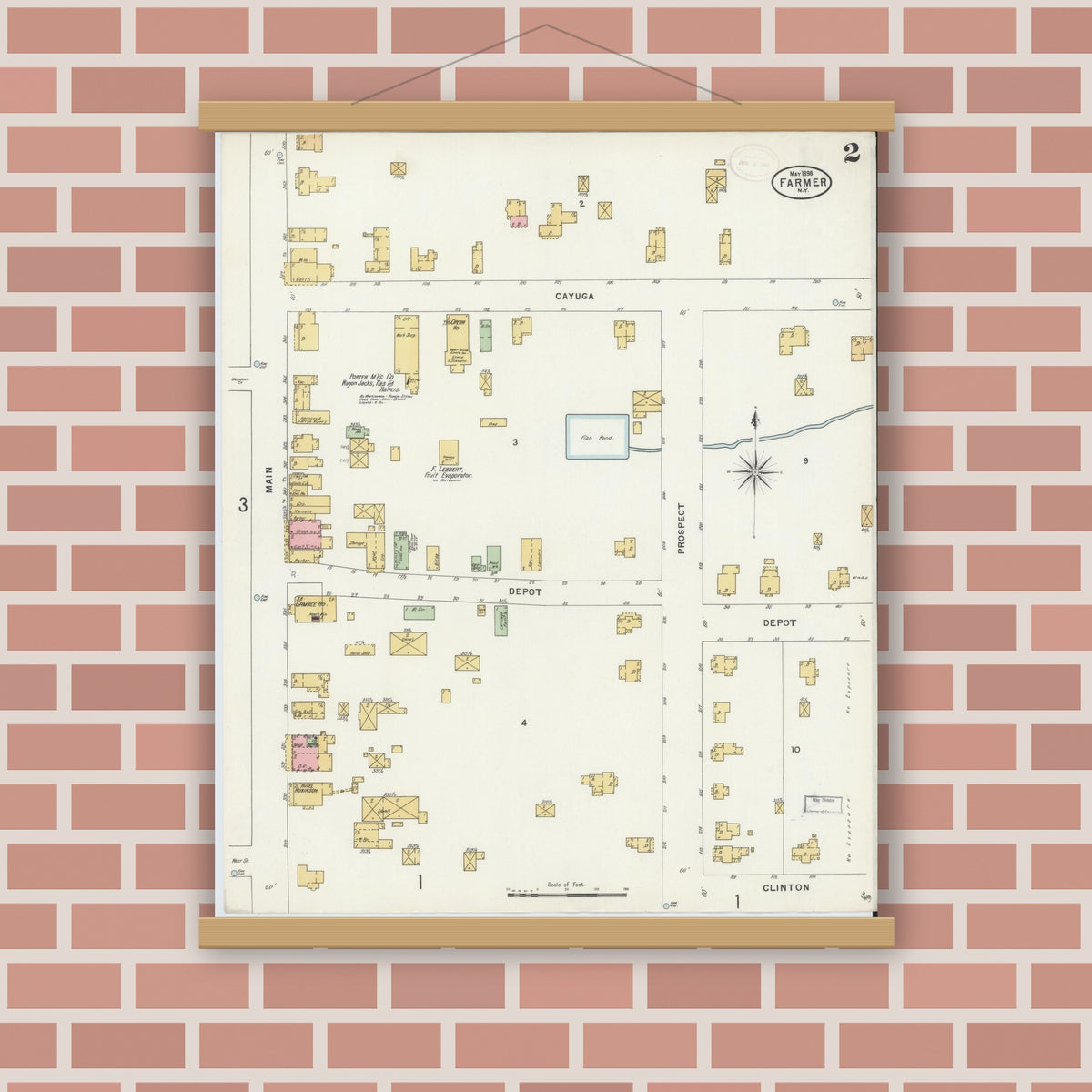 Old map wall art mockup — magnetic wood frame on brick wall — Sanborn Fire Insurance Map from Farmer, Seneca County, New York (1898), Sheet #0002