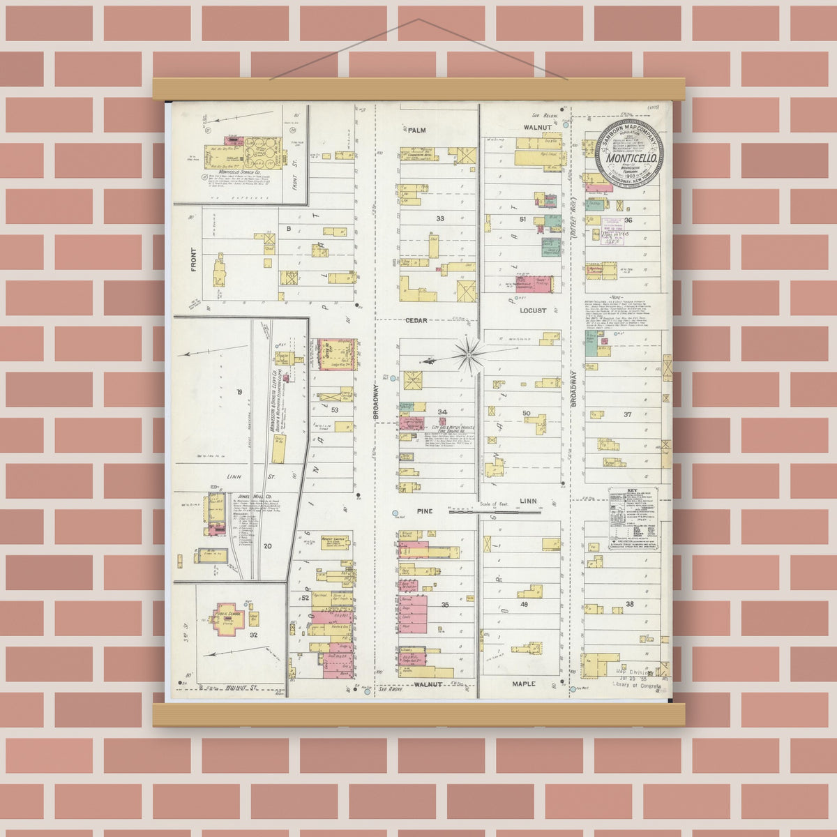 Old map wall art mockup — magnetic wood frame on brick wall — Sanborn Fire Insurance Map from Monticello, Wright County, Minnesota (1903), Sheet #0001
