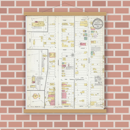 Old map wall art mockup — magnetic wood frame on brick wall — Sanborn Fire Insurance Map from Monticello, Wright County, Minnesota (1903), Sheet #0001