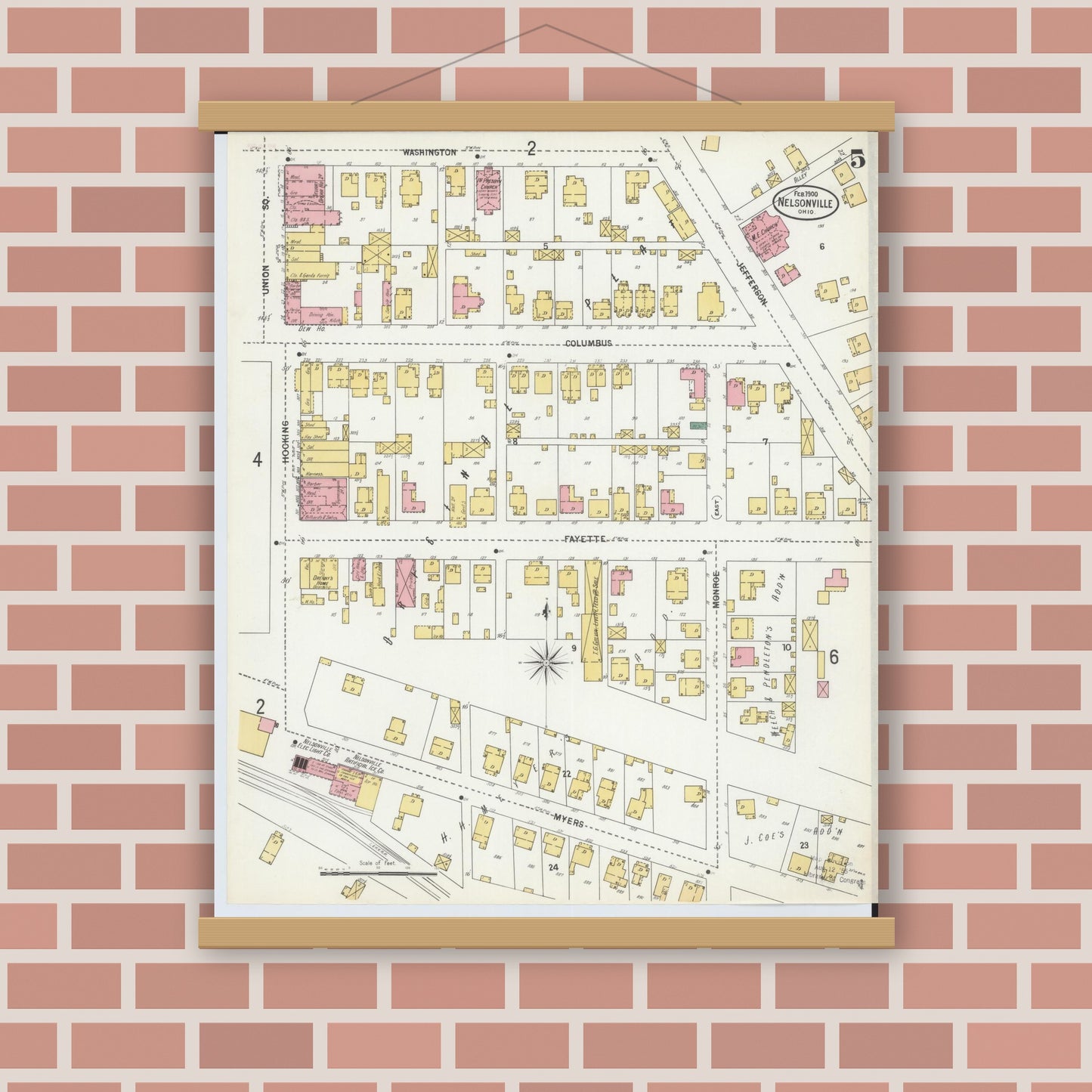 Old map wall art mockup — magnetic wood frame on brick wall — Sanborn Fire Insurance Map from Nelsonville, Athens County, Ohio (1900), Sheet #0005