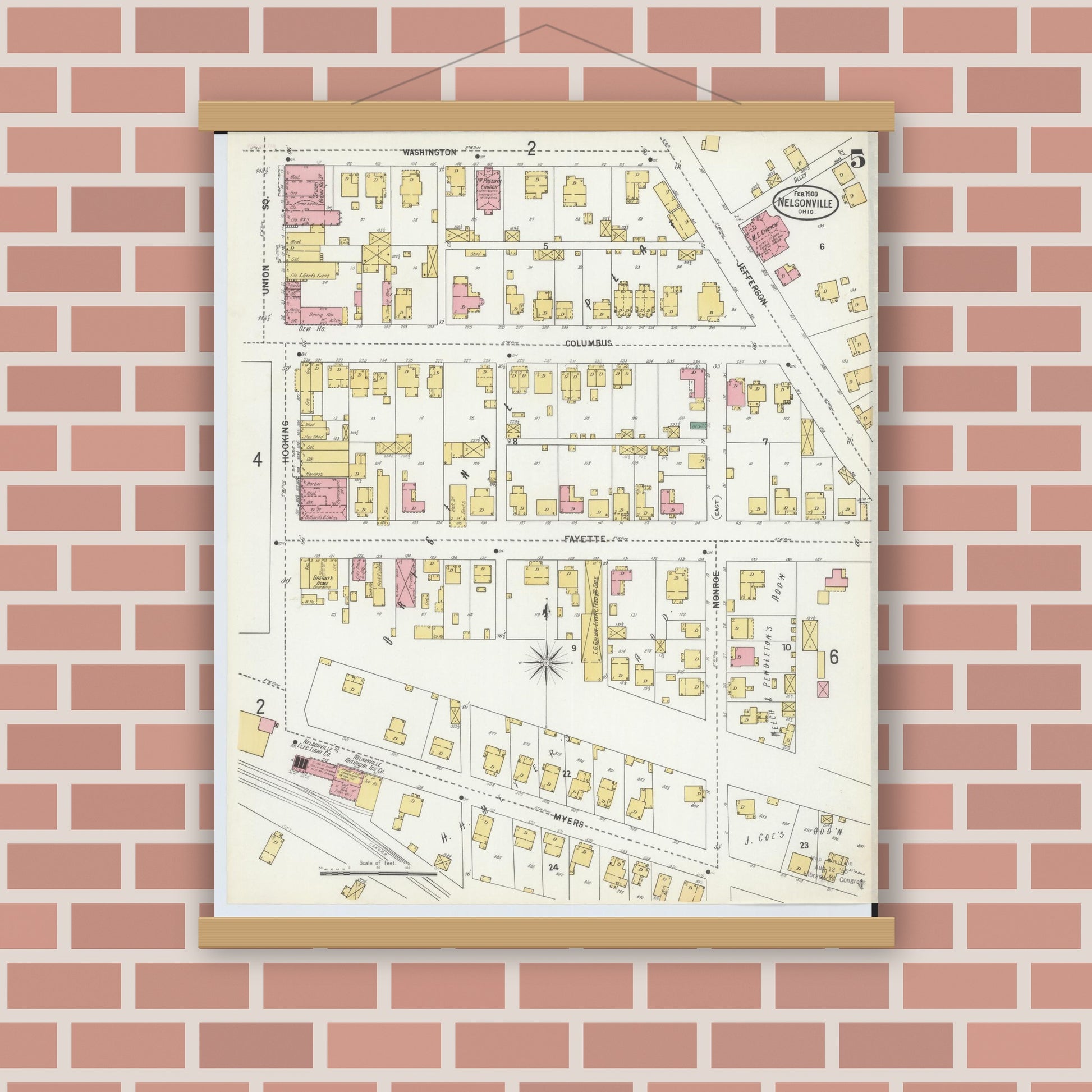 Old map wall art mockup — magnetic wood frame on brick wall — Sanborn Fire Insurance Map from Nelsonville, Athens County, Ohio (1900), Sheet #0005