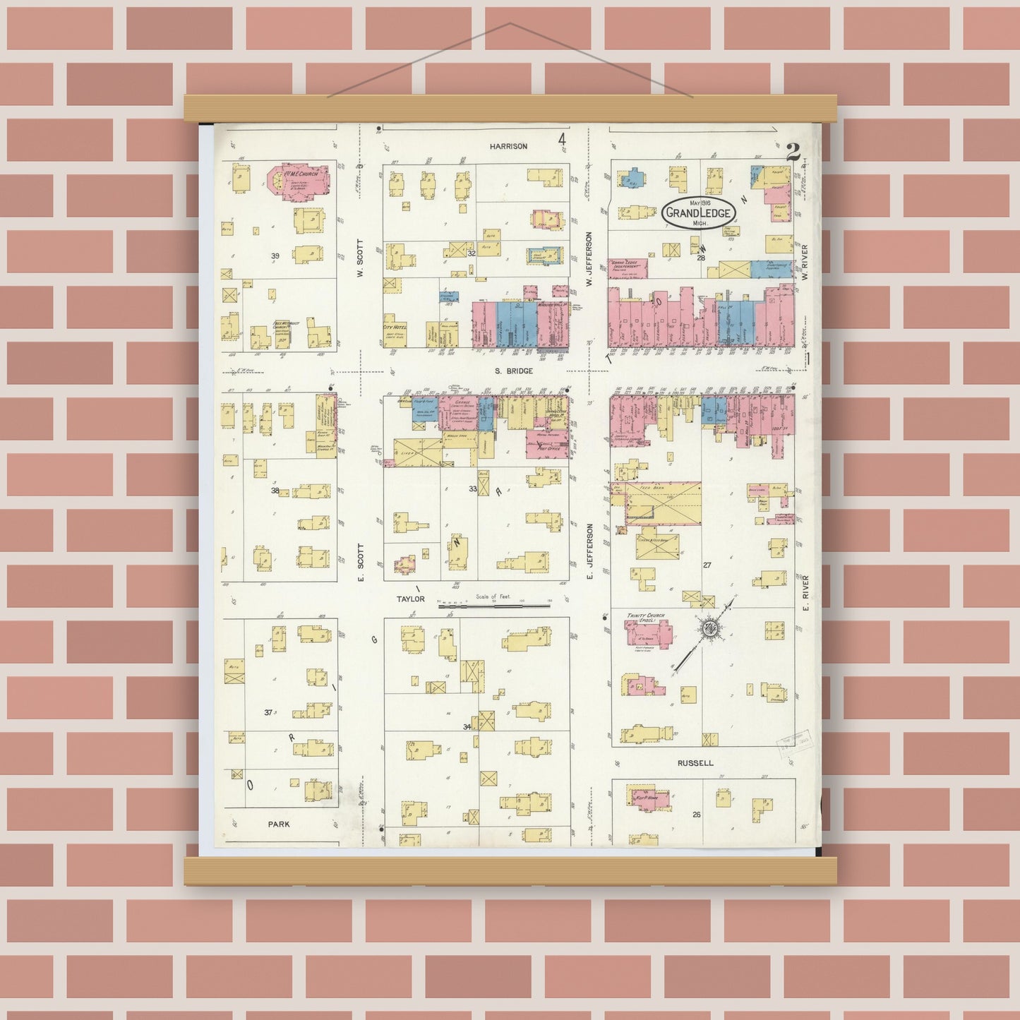 Old map wall art mockup — magnetic wood frame on brick wall — Sanborn Fire Insurance Map from Grand Ledge, Eaton County, Michigan (1916), Sheet #0002