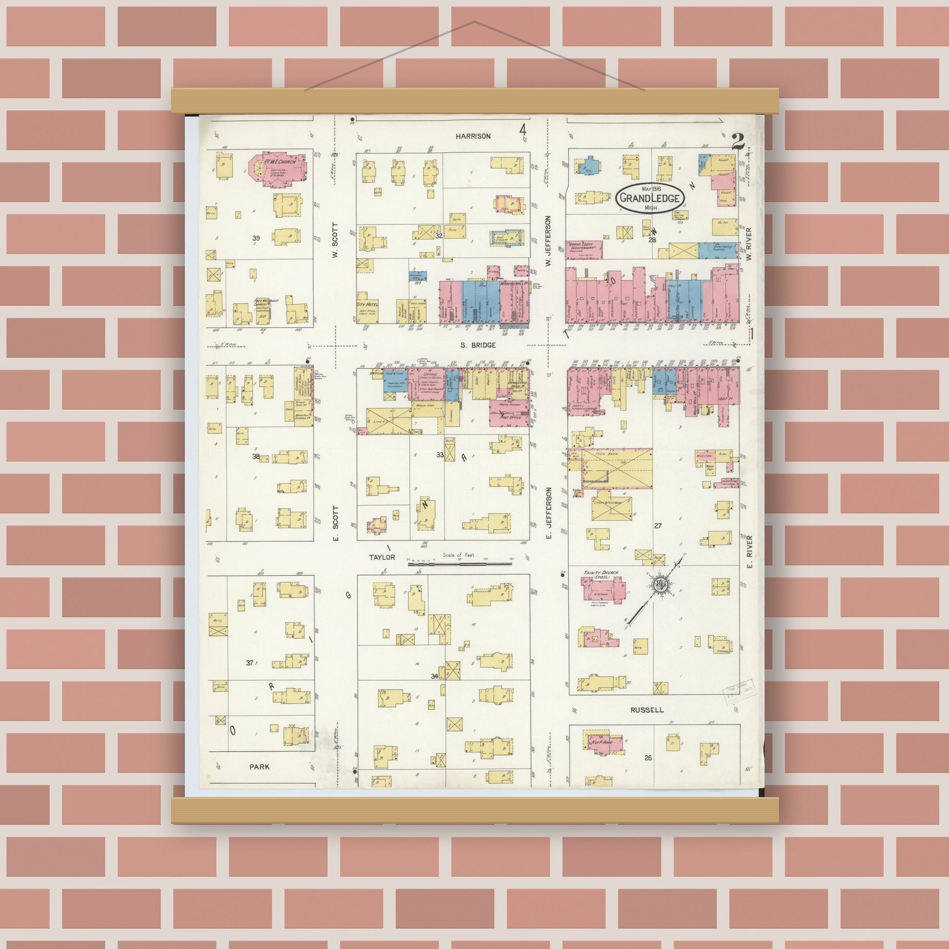 Old map wall art mockup — magnetic wood frame on brick wall — Sanborn Fire Insurance Map from Grand Ledge, Eaton County, Michigan (1916), Sheet #0002