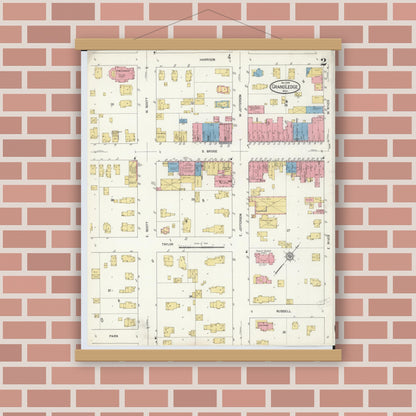 Old map wall art mockup — magnetic wood frame on brick wall — Sanborn Fire Insurance Map from Grand Ledge, Eaton County, Michigan (1916), Sheet #0002