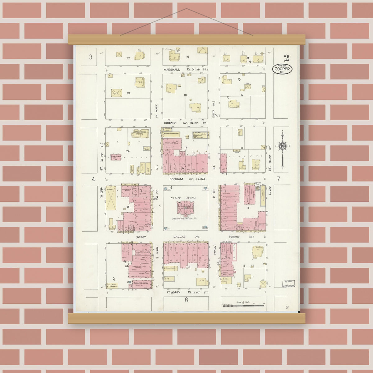 Old map wall art mockup — magnetic wood frame on brick wall — Sanborn Fire Insurance Map from Cooper, Delta County, Texas (1914), Sheet #0002