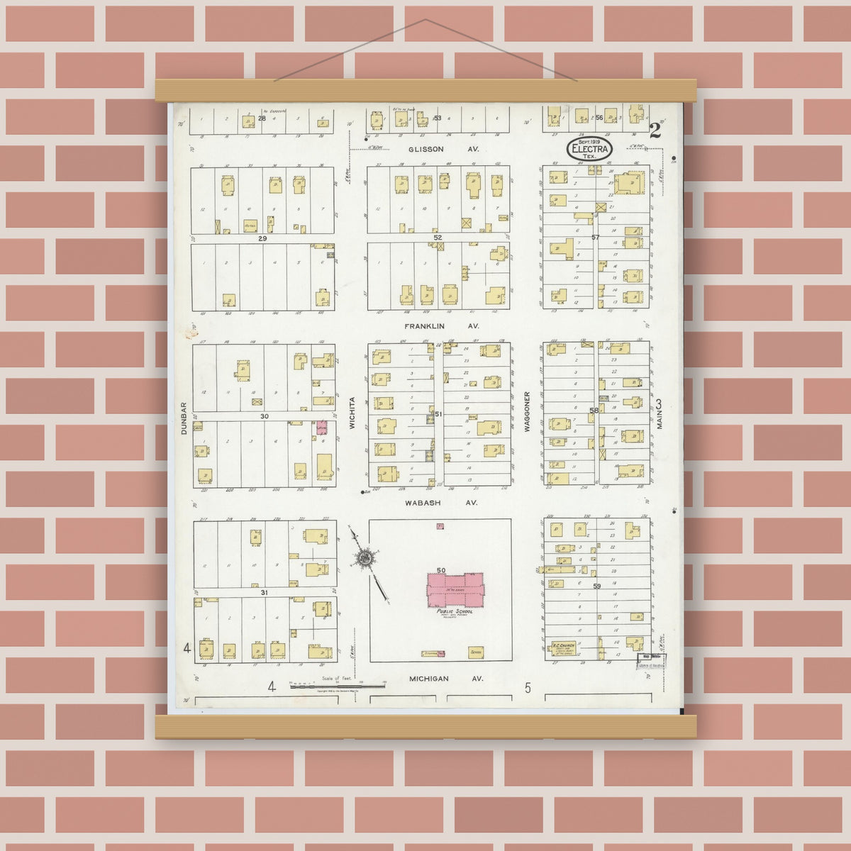 Old map wall art mockup — magnetic wood frame on brick wall — Sanborn Fire Insurance Map from Electra, Wichita County, Texas (1919), Sheet #0002