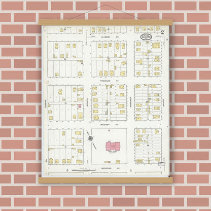 Old map wall art mockup — magnetic wood frame on brick wall — Sanborn Fire Insurance Map from Electra, Wichita County, Texas (1919), Sheet #0002