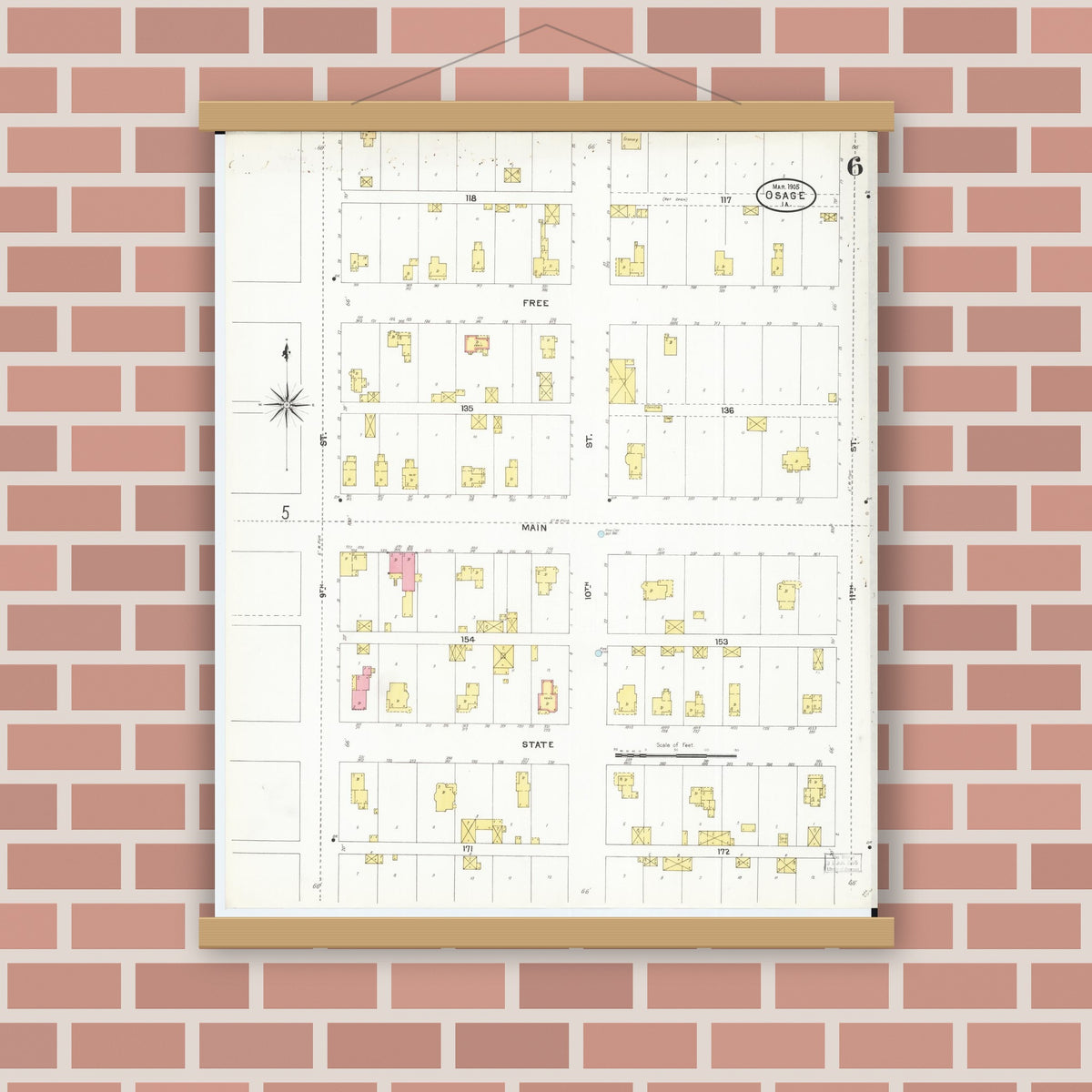 Old map wall art mockup — magnetic wood frame on brick wall — Sanborn Fire Insurance Map from Osage, Mitchell County, Iowa (1905), Sheet #0006