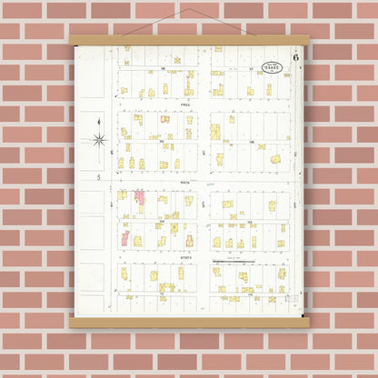 Old map wall art mockup — magnetic wood frame on brick wall — Sanborn Fire Insurance Map from Osage, Mitchell County, Iowa (1905), Sheet #0006