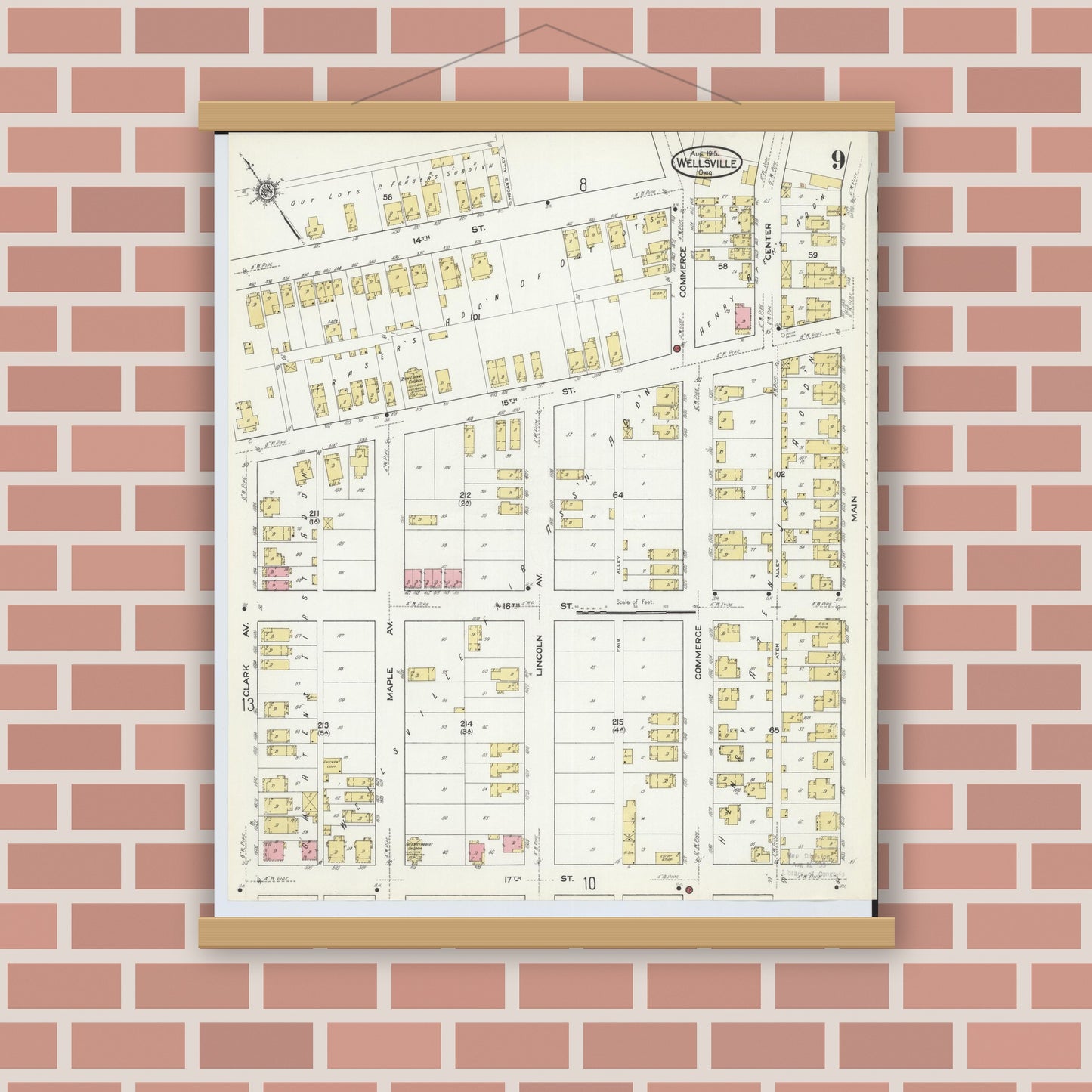 Old map wall art mockup — magnetic wood frame on brick wall — Sanborn Fire Insurance Map from Wellsville, Columbiana County, Ohio (1915), Sheet #0009