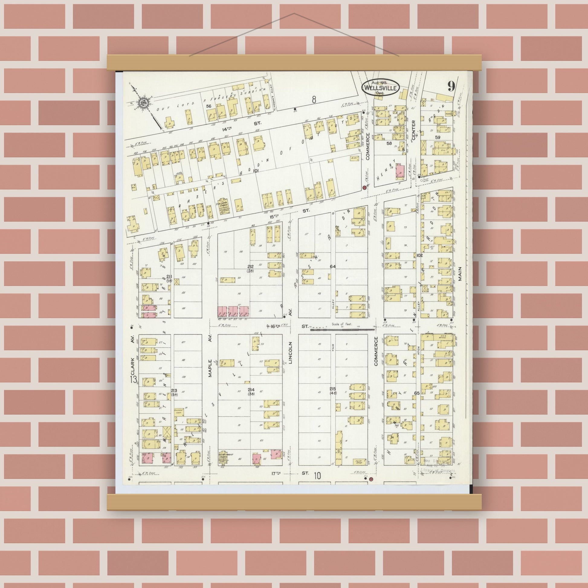 Old map wall art mockup — magnetic wood frame on brick wall — Sanborn Fire Insurance Map from Wellsville, Columbiana County, Ohio (1915), Sheet #0009