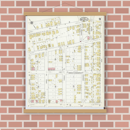 Old map wall art mockup — magnetic wood frame on brick wall — Sanborn Fire Insurance Map from Wellsville, Columbiana County, Ohio (1915), Sheet #0009