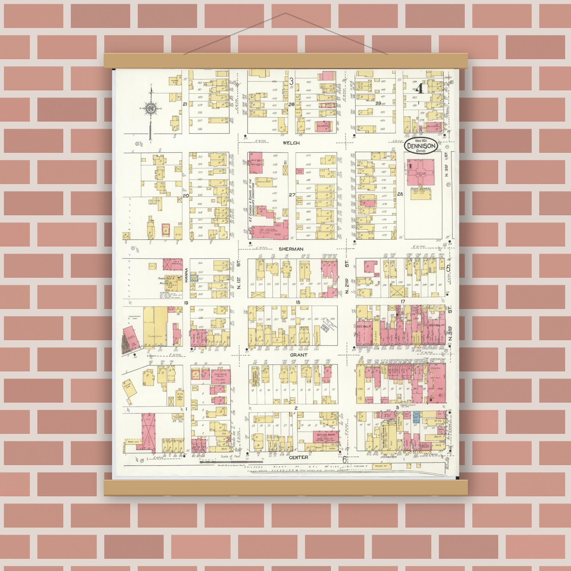 Old map wall art mockup — magnetic wood frame on brick wall — Sanborn Fire Insurance Map from Dennison, Tuscarawas County, Ohio (1921), Sheet #0004