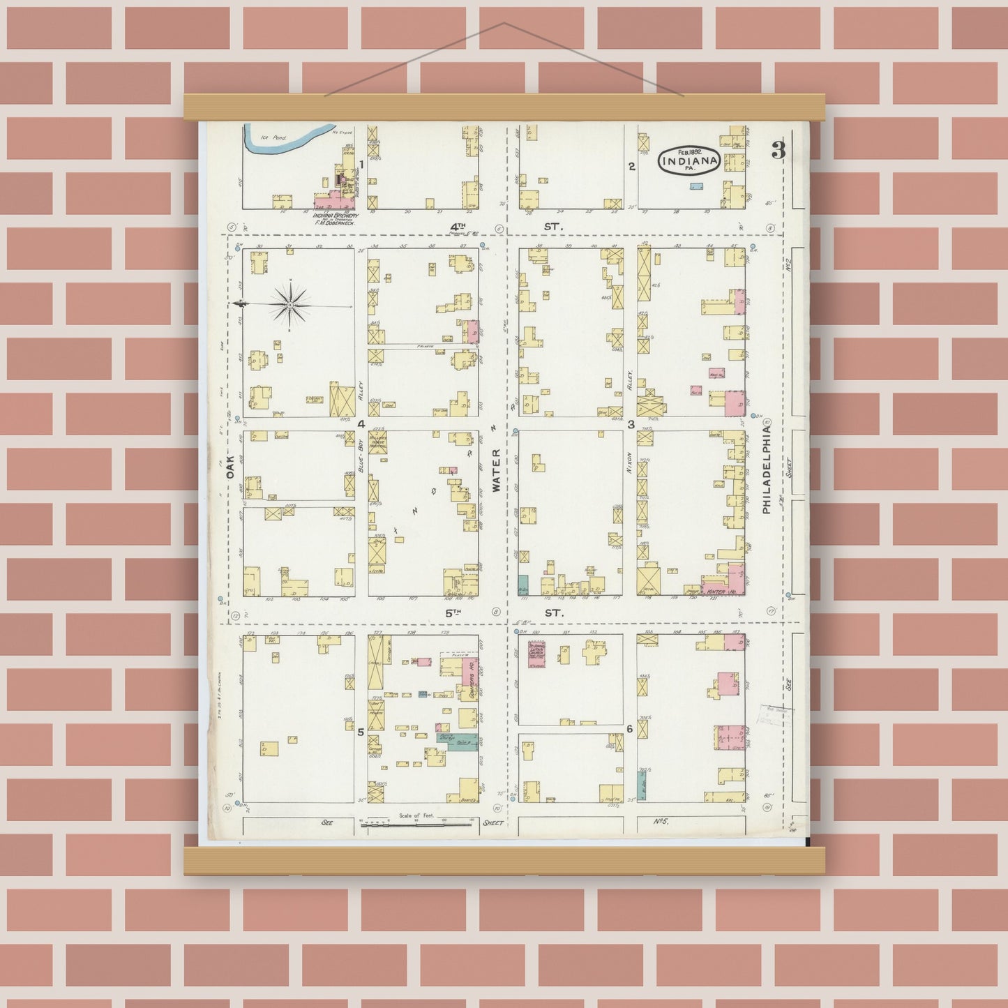 Old map wall art mockup — magnetic wood frame on brick wall — Sanborn Fire Insurance Map from Indiana, Indiana County, Pennsylvania (1892), Sheet #0003