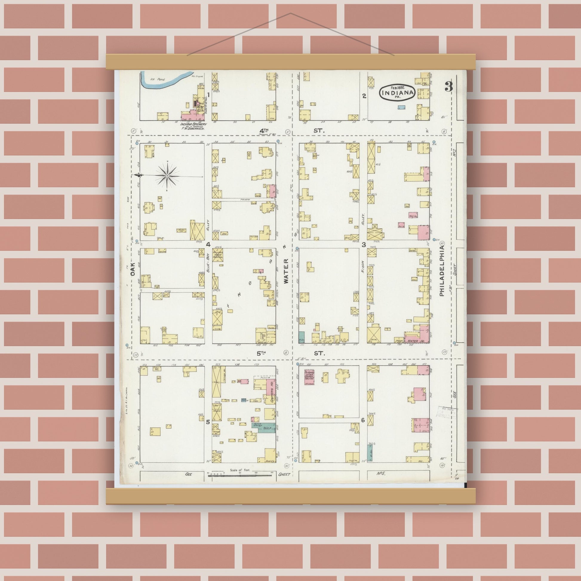 Old map wall art mockup — magnetic wood frame on brick wall — Sanborn Fire Insurance Map from Indiana, Indiana County, Pennsylvania (1892), Sheet #0003