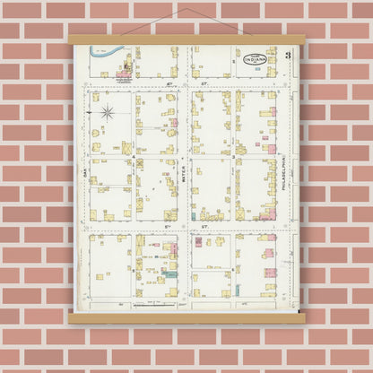 Old map wall art mockup — magnetic wood frame on brick wall — Sanborn Fire Insurance Map from Indiana, Indiana County, Pennsylvania (1892), Sheet #0003