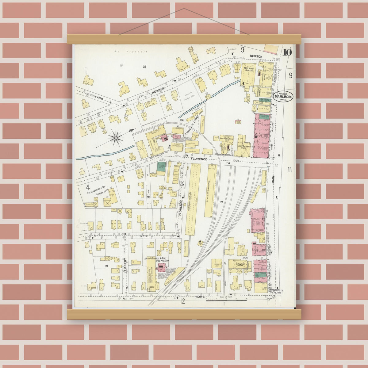 Old map wall art mockup — magnetic wood frame on brick wall — Sanborn Fire Insurance Map from Marlborough, Middlesex County, Massachusetts (1901), Sheet #0010