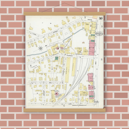 Old map wall art mockup — magnetic wood frame on brick wall — Sanborn Fire Insurance Map from Marlborough, Middlesex County, Massachusetts (1901), Sheet #0010
