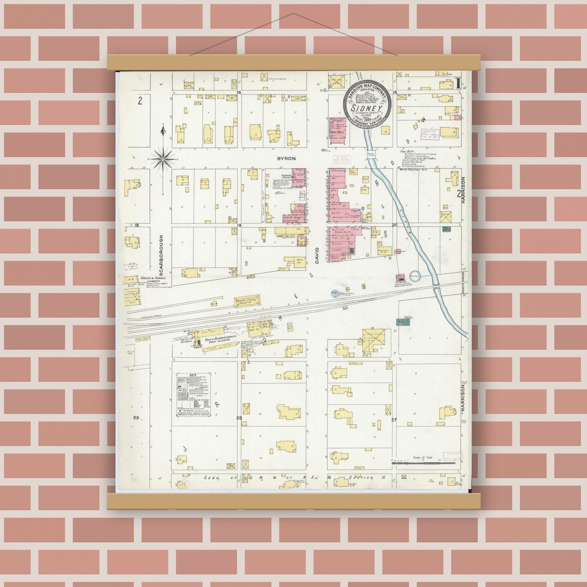 Old map wall art mockup — magnetic wood frame on brick wall — Sanborn Fire Insurance Map from Sidney, Champaign County, Illinois (1909), Sheet #0001