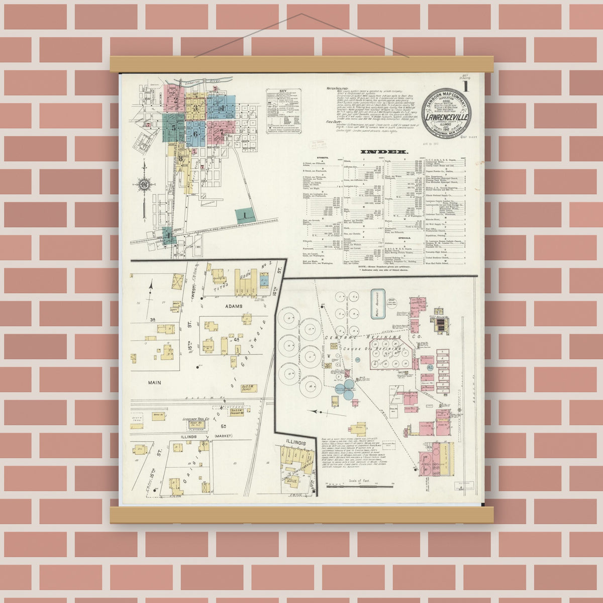 Old map wall art mockup — magnetic wood frame on brick wall — Sanborn Fire Insurance Map from Lawrenceville, Lawrence County, Illinois (1912) - Complete Map Set