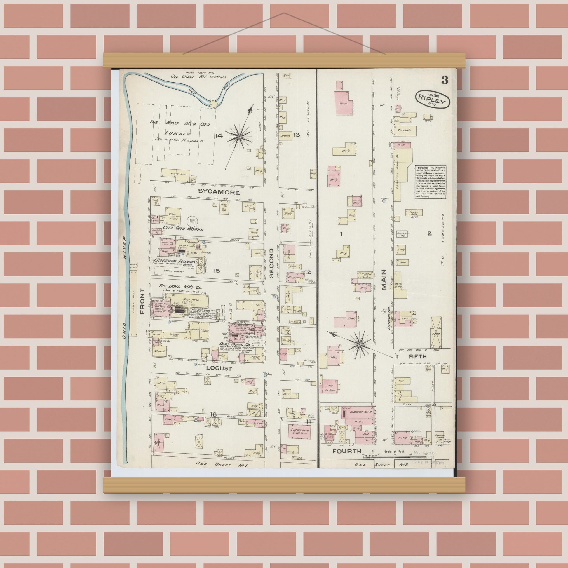 Old map wall art mockup — magnetic wood frame on brick wall — Sanborn Fire Insurance Map from Ripley, Brown County, Ohio (1884), Sheet #0003