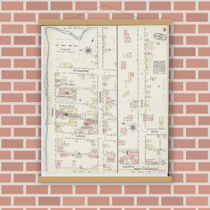 Old map wall art mockup — magnetic wood frame on brick wall — Sanborn Fire Insurance Map from Ripley, Brown County, Ohio (1884), Sheet #0003