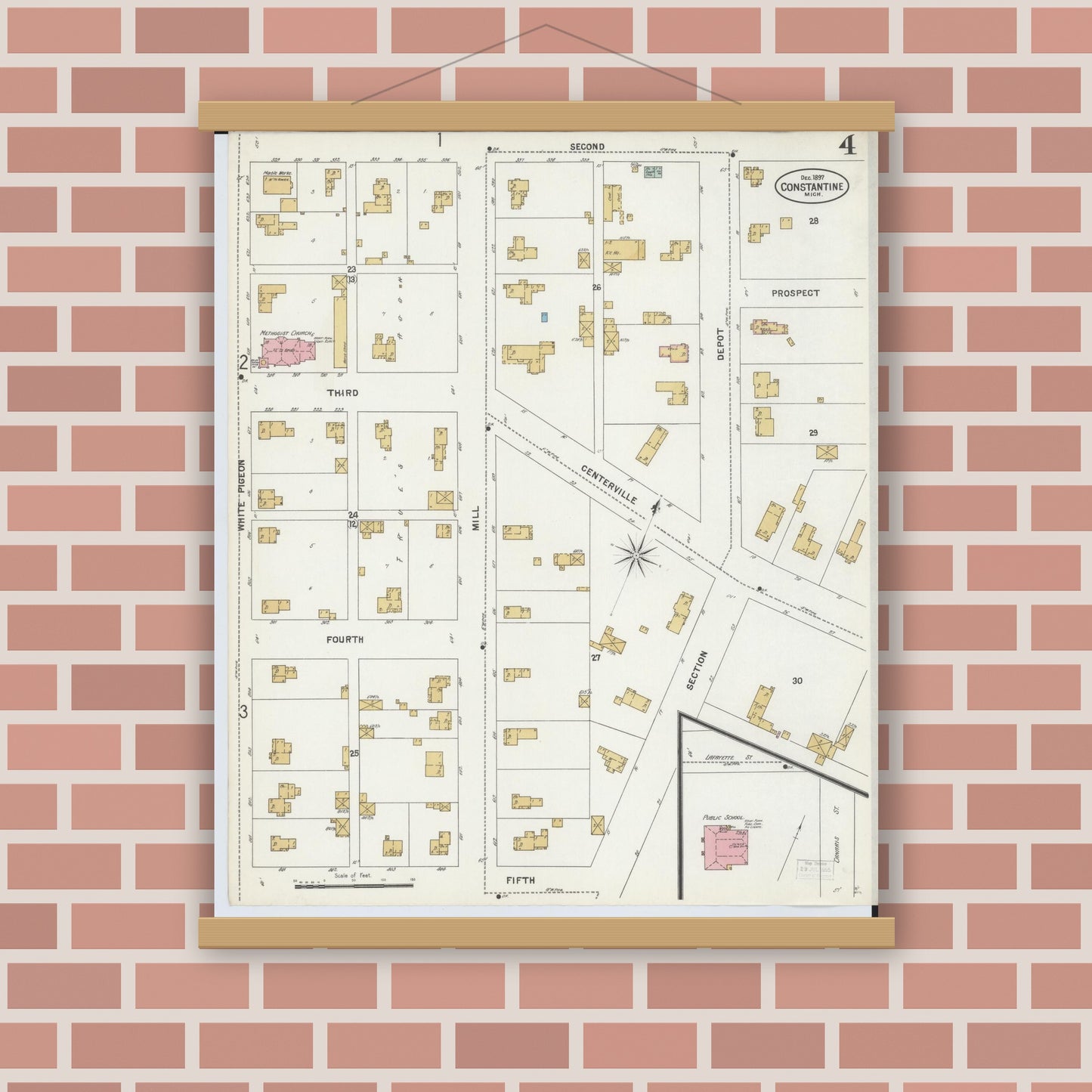 Old map wall art mockup — magnetic wood frame on brick wall — Sanborn Fire Insurance Map from Constantine, Saint Joseph County, Michigan (1897), Sheet #0004
