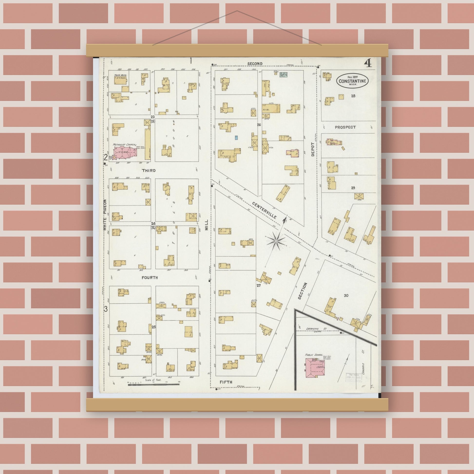 Old map wall art mockup — magnetic wood frame on brick wall — Sanborn Fire Insurance Map from Constantine, Saint Joseph County, Michigan (1897), Sheet #0004